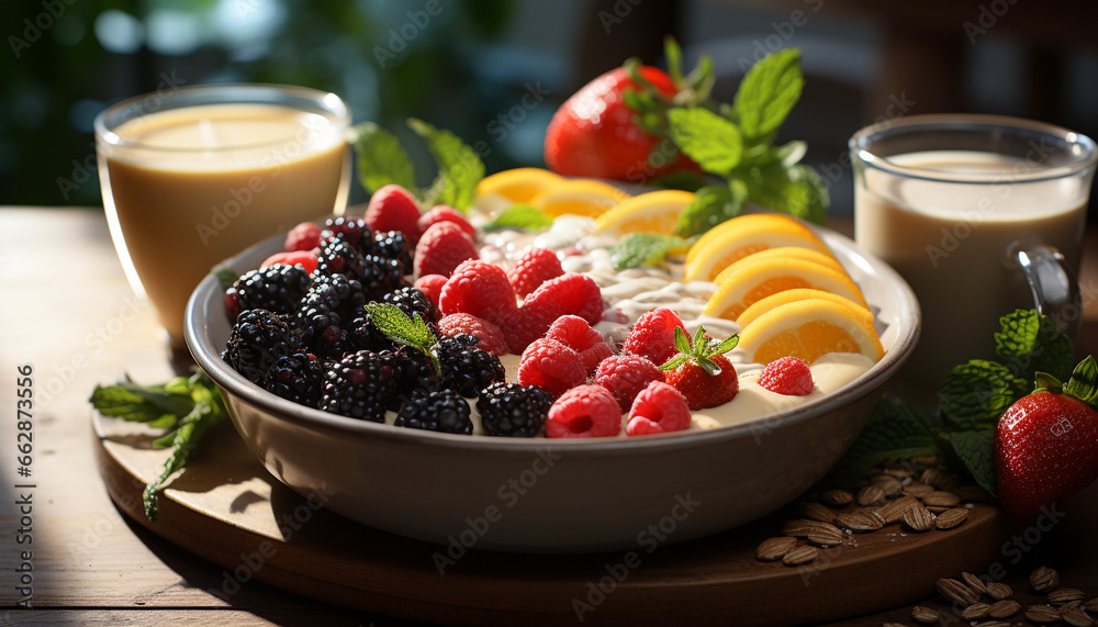 Freshness and sweetness on a rustic table, a berry gourmet delight generated by AI Freshness and sweetness on a rustic table, a berry gourmet delight generated by AI