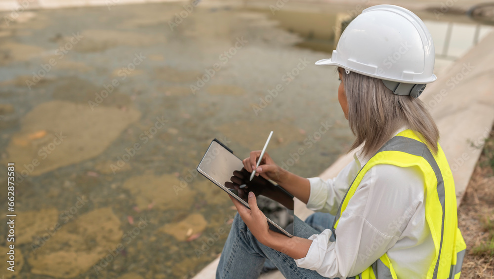 Fototapeta premium Environmental engineers work at wastewater treatment plants,Water supply engineering working at Water recycling plant for reuse,Technicians and engineers discuss work together.