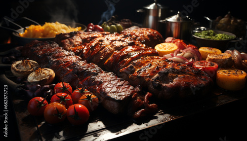 Grilled beef steak, cooked to perfection, ready to eat outdoors generated by AI