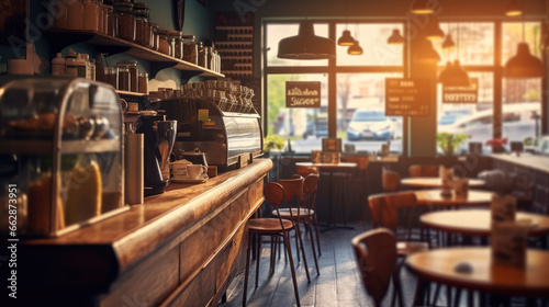 A coffee shop with a blurred background