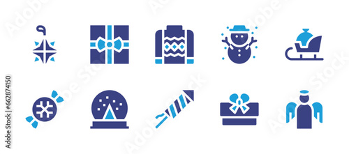 Christmas icon set. Duotone color. Vector illustration. Containing christmas sweater, firework, sledge, angel, gift, snowball, snowman, decorative, sweet.
