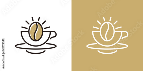 Simple coffee sun logo designs with line art style. Sunrise  with coffee beans and coffee cup. coffee cafe logo illustration design template