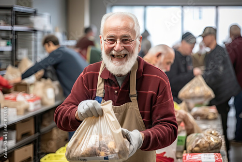 Mature man with apron offers bag of groceries in community setting. Food donation and charity.