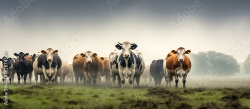 Cows quietly graze in a meadow in North Brabant with reed plants visible in the foreground With copyspace for text