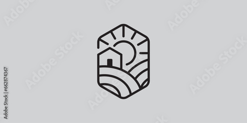 farmhouse organic farming symbol illustration with fields, sun, rays. Natural food logo background for fresh healthy eco friendly products.