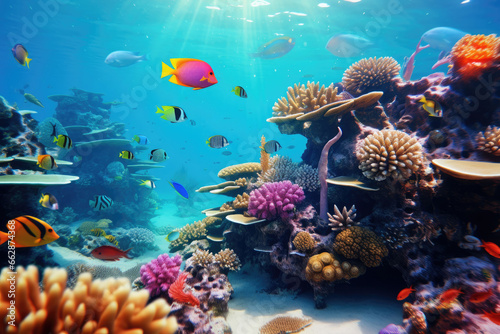 Underwater with colorful sea life fishes and plant at seabed background  Colorful Coral reef landscape in the deep of ocean. Marine life concept  Underwater world scene.