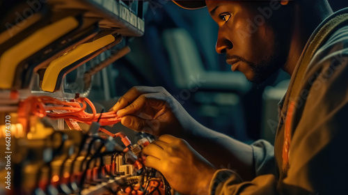 A technician is checking the electrical system inside a car
