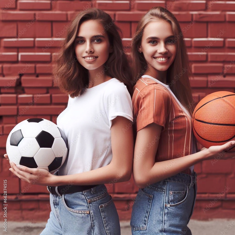 two girls with soccer ball and basketball 