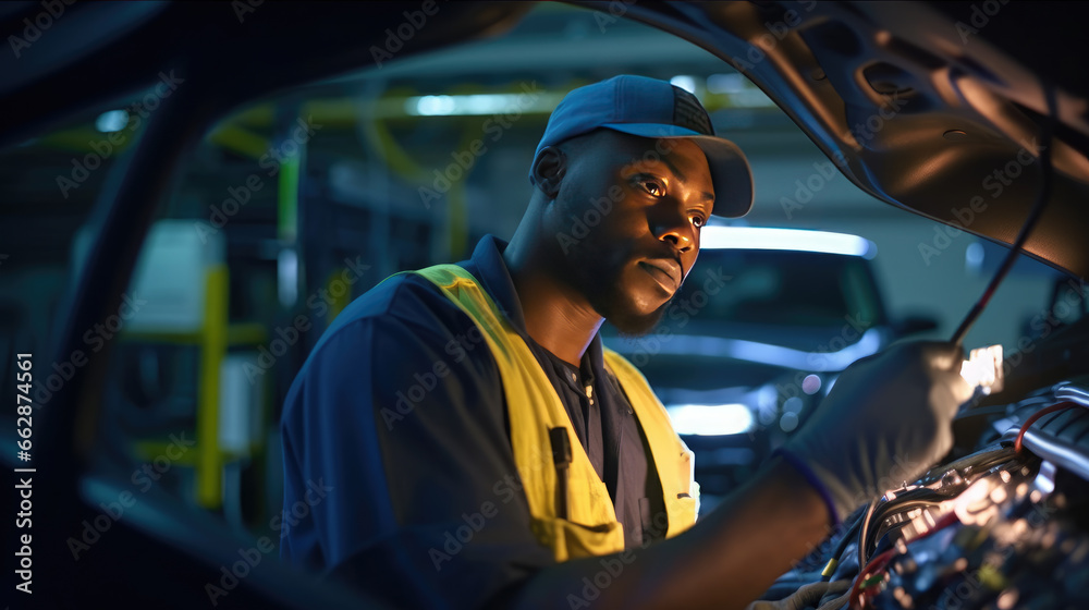 A technician is checking the electrical system inside a car