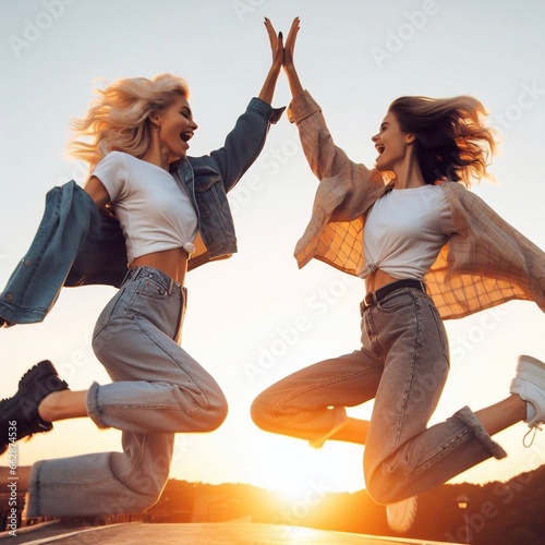 two people jumping and doing high-five 