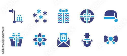 Christmas icon set. Duotone color. Vector illustration. Containing snow, boxing day, santa hat, christmas, letter, bow tie, present, box, snowman.