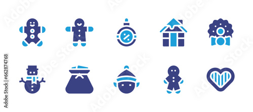 Christmas icon set. Duotone color. Vector illustration. Containing sales, elf, christmas wreath, gingerbread, gift bag, cabins, gingerbread man, snowman.