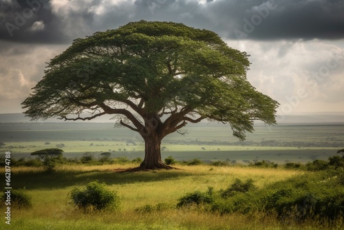 A majestic tree stands in a wide expanse of nature. Generative AI