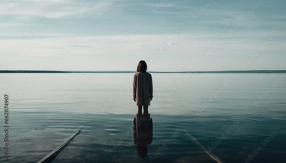 One woman standing outdoors, reflecting on tranquil water scenery generated by AI