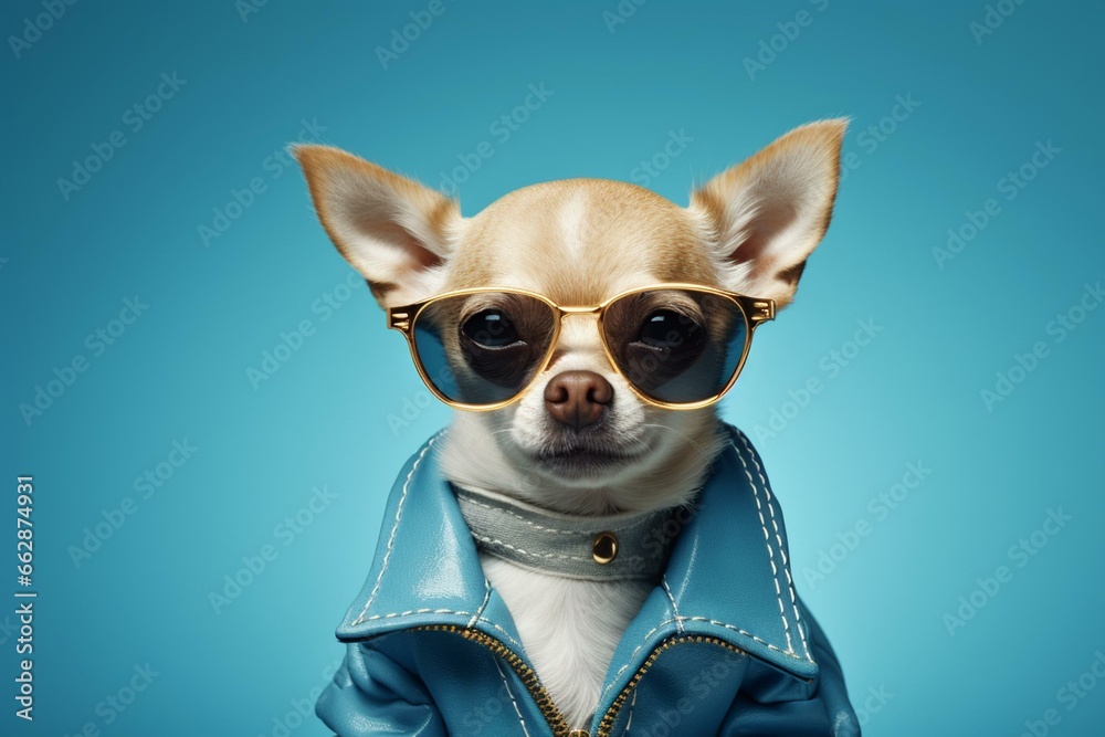 Chic chihuahua wearing sunglasses and jacket against blue background. Generative AI