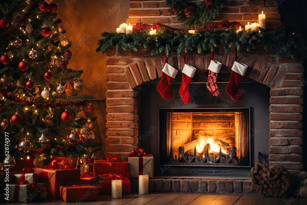 Christmas living room interior with decorated fir tree, gifts and fireplace with burning fire. Modern vintage style. Merry Christmas and New Year concept.