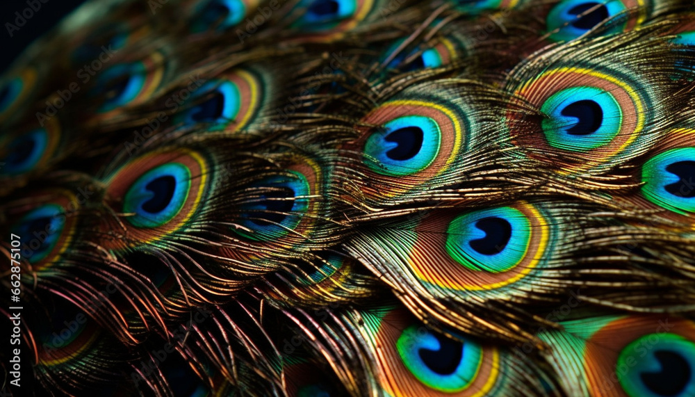Obraz premium Vibrant peacock tail displays iridescent, multi colored beauty in nature generated by AI