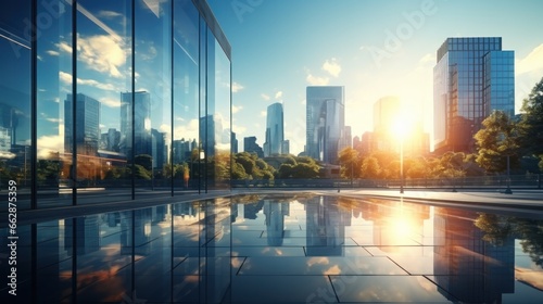 Modern office building or business center. High-rise window buildings made of glass reflect the clouds and the sunlight. empty street outside wall modernity civilization. growing up business