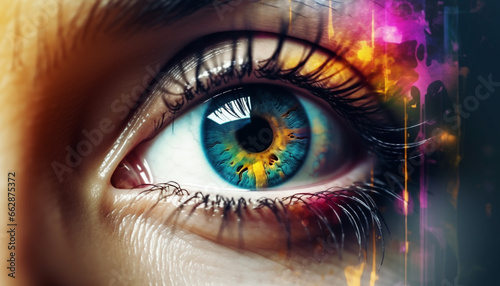 Close up of vibrant, multi colored iris staring into optical lens generated by AI