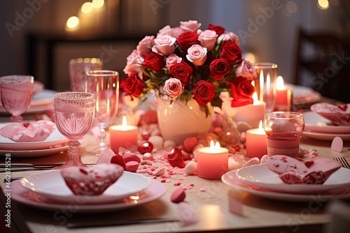 Romantic Valentine's Day Dinner Setting, Lovley Roses photo