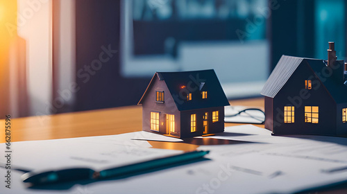 3D model of a house on a table with pen (real estate image) 