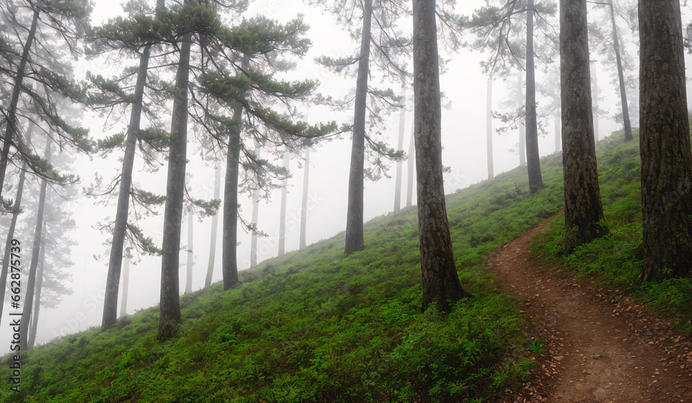 Fototapeta premium Beautiful landscape view of misty forest in the morning