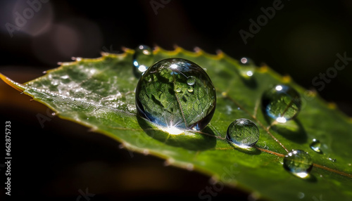 Fresh green leaf with dew drop, reflecting beauty in nature generated by AI