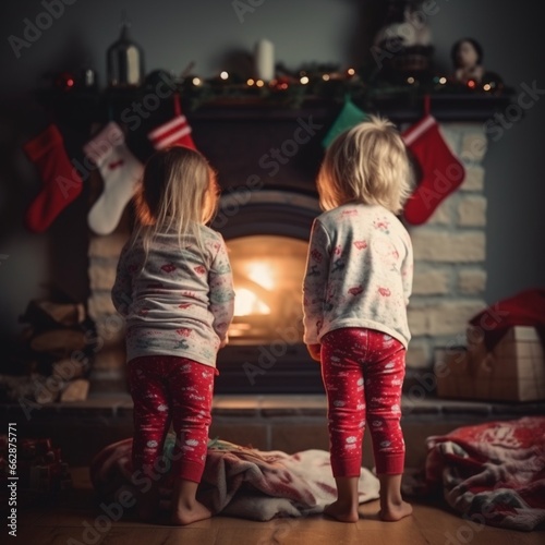 Little children standing near fireplace on Christmas Day and looking for gifts in socks from Santa. Holiday, celebration concept