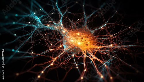 Glowing synapses connect nerve cells in the human brain communication generated by AI