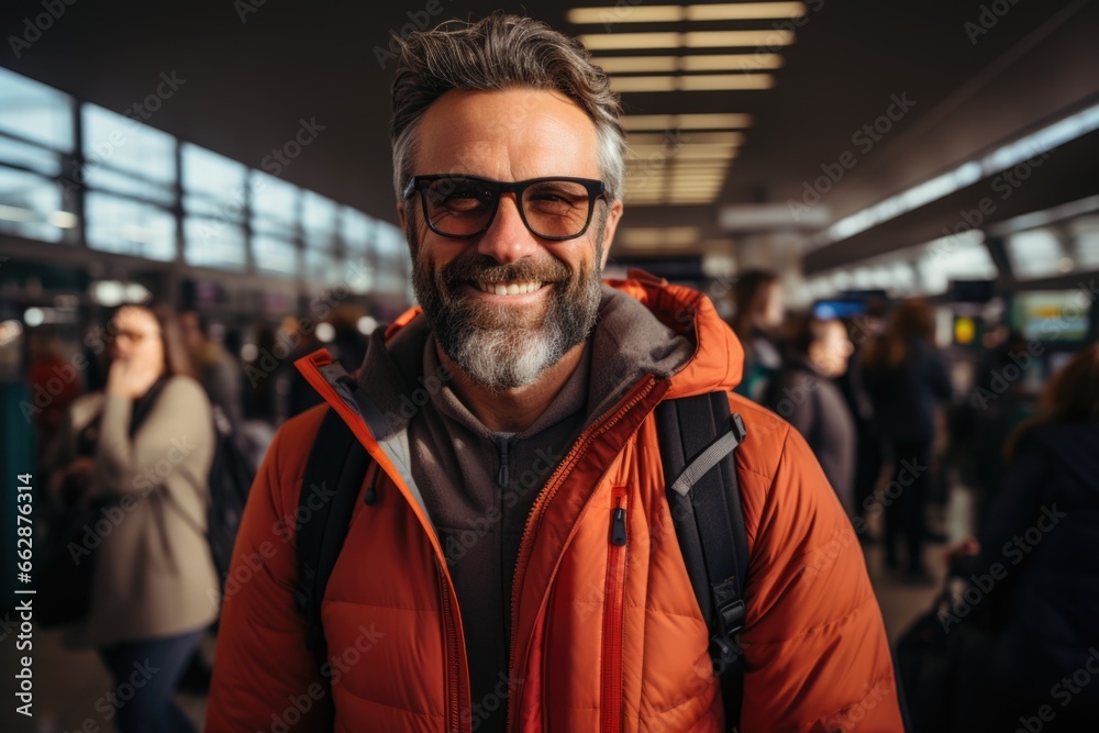 Cheerful middle-aged man at the airport with luggage. Cheerful middle-aged man at the airport with luggage.