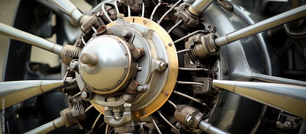 Historic airplane s radial engine in close up With copyspace for text