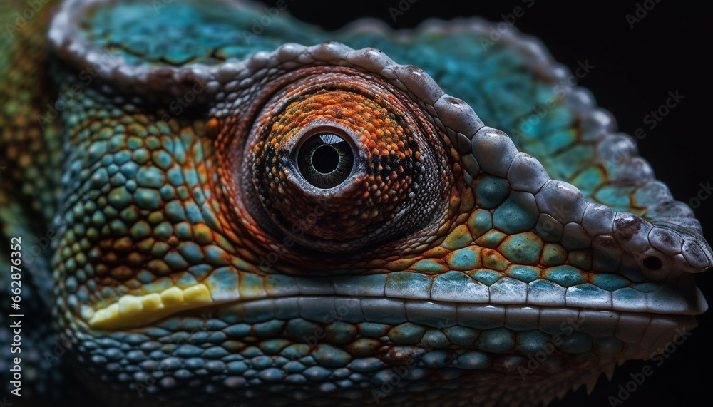 Fototapeta premium Multi colored lizard staring, close up portrait, selective focus on foreground generated by AI