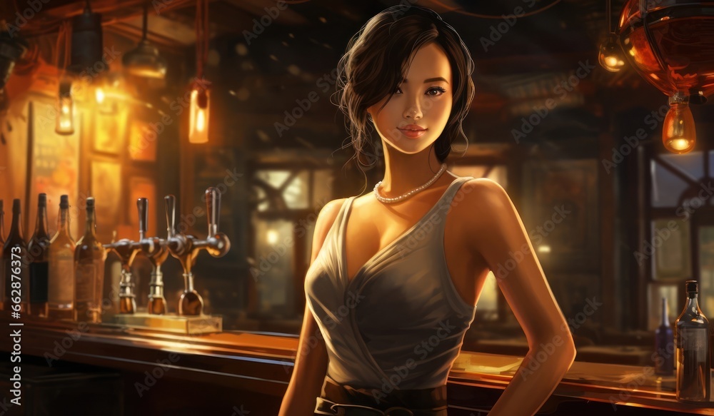 Asian Female Illustration Bartender Job Attractive Background Generative AI