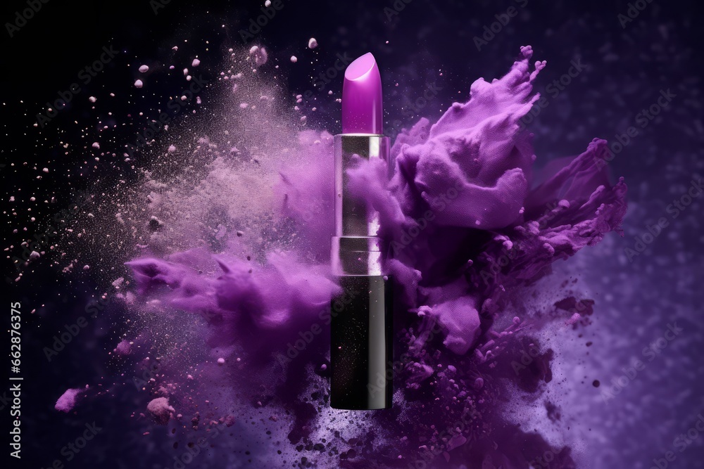 Purple lipstick with powerful explosion of purple dust on black background. - obrazy, fototapety, plakaty 