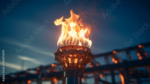 Gas pipeline with a burning flame of fire, pressure fuse with gas discharge.