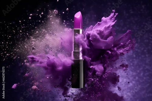 Purple lipstick with powerful explosion of purple dust on black background.