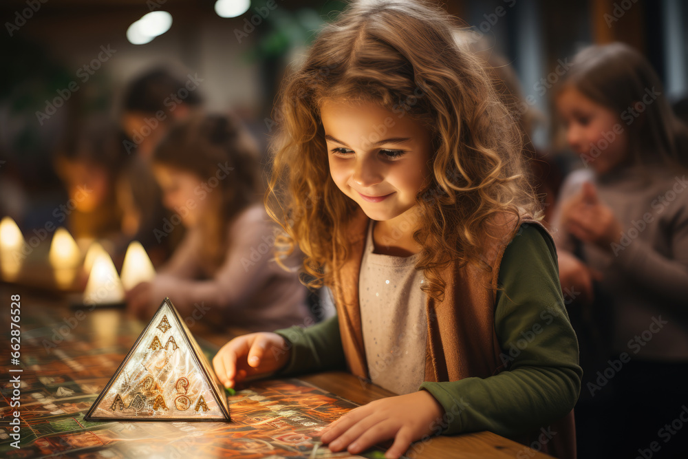 Fototapeta premium A group of children learning the Hebrew alphabet in a lively Hebrew school class. Generative Ai.