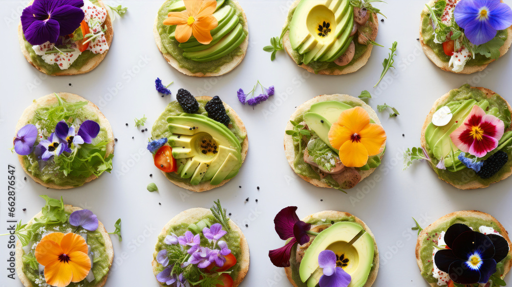 Canape with cream cheese, avocado and edible flowers on white background