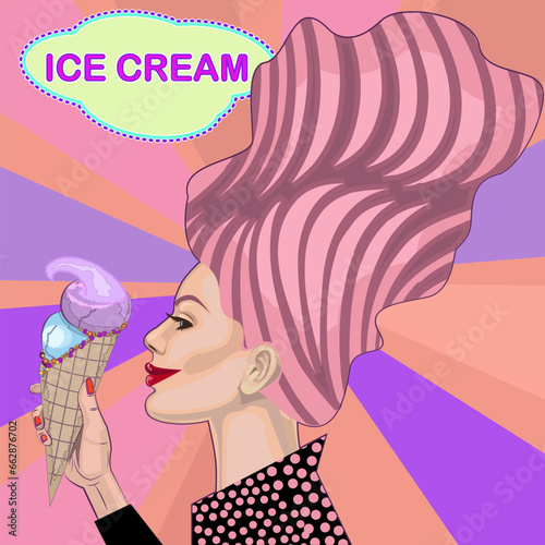 attractive woman, girl with ice cream in hand, vector illustration