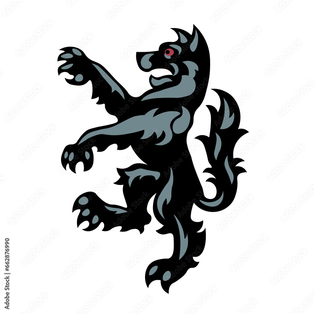 Fototapeta premium Heraldic black wolf dog. Symbol, sign, icon, silhouette, tattoo. Isolated vector illustration.