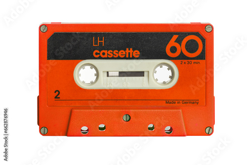 old isolated red music cassette on white