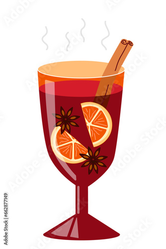 Glass of hot mulled wine with anise stars, cinnamon and orange slices. Vector flat illustration isolated on white background. 