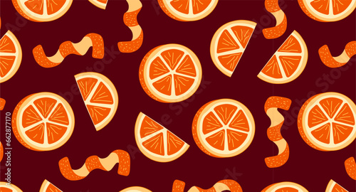 Orange zest, orange slices seamless pattern on dark red background. Tangerine citrus wallpaper for printing or packaging.