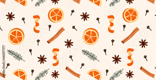 Seamless pattern of mulled wine spices, anise stars, cinnamon, fir branches, orange slices, zest, cloves. Hot drink recipe ingredients. Vector wallpaper. 