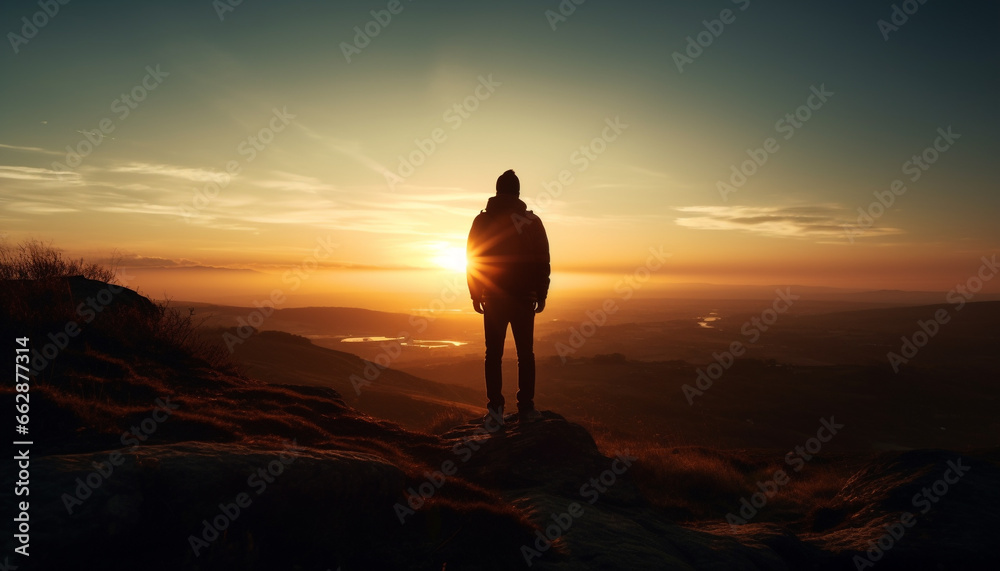 Silhouette of one person standing on mountain peak at sunrise generated by AI