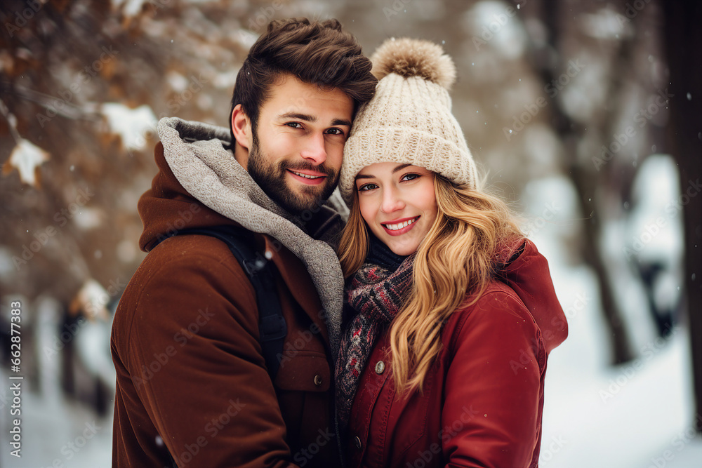Generative AI image of happy cute beautiful hugging couple walking in winter park snowy frosty cold day