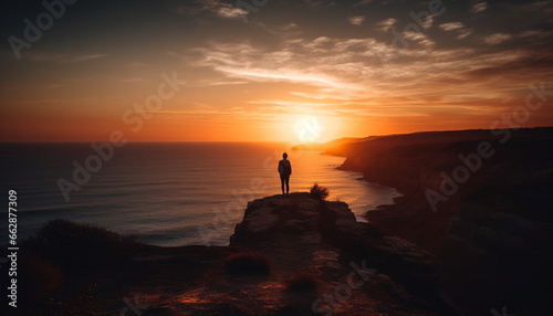 One person standing on cliff  back lit by sunset generated by AI