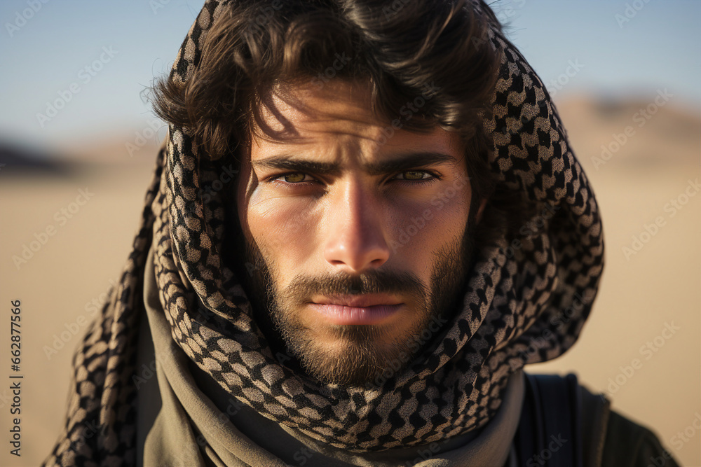 Young arab man in national clothes and turban Muslim man Saudi african moroccan yemenite persian men generative ai