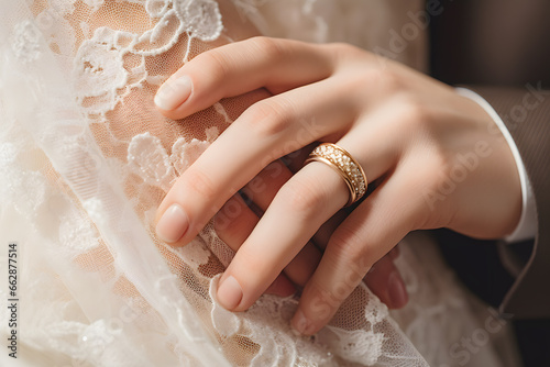 Close-up of intertwined hands showcasing wedding rings against a delicate lace background.