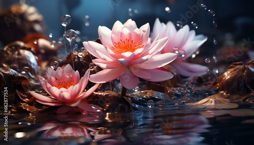 A beautiful pink lotus blossom floats on tranquil pond water generated by AI